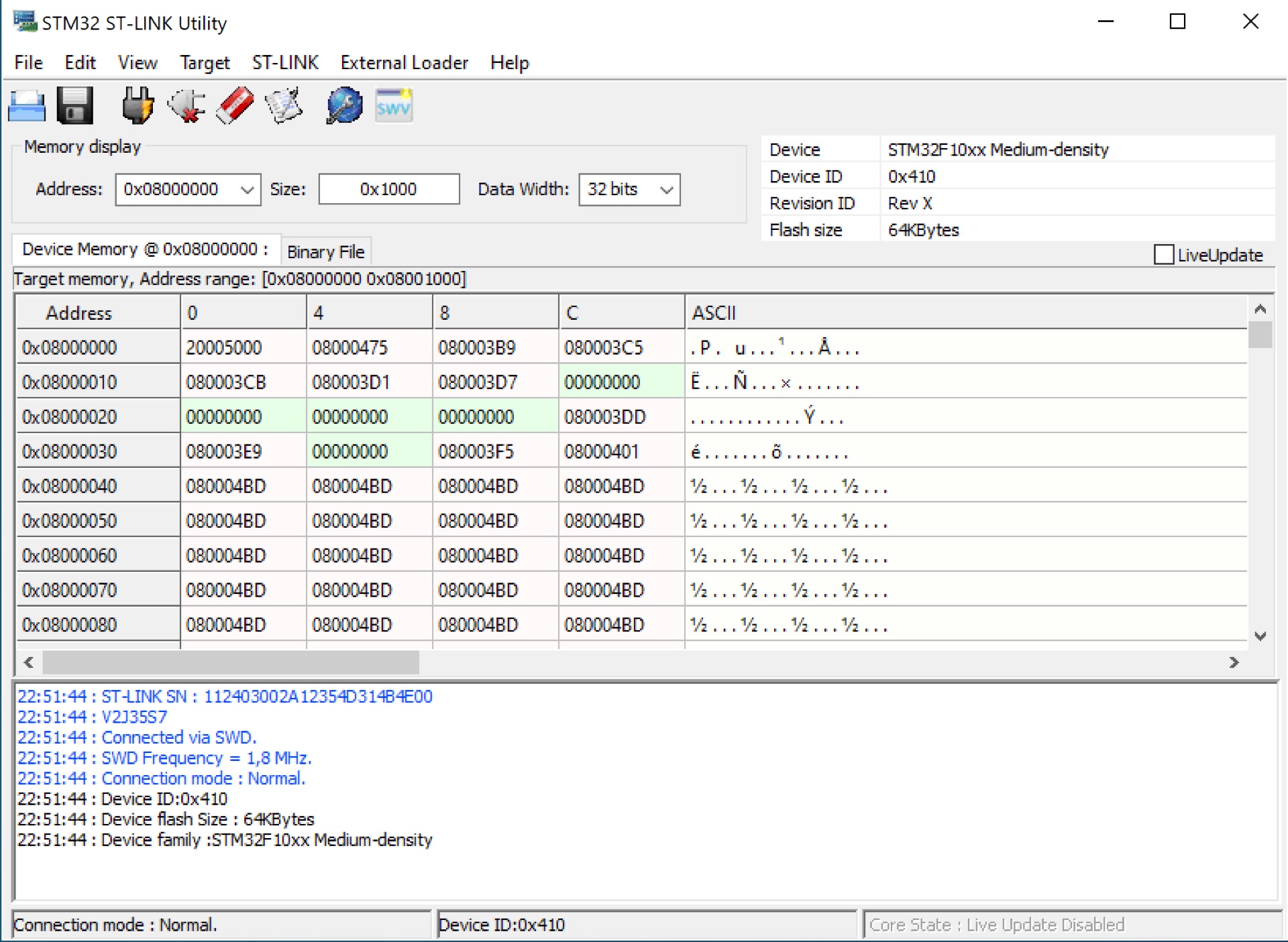 Figure 2: Screenshot of the STM32 ST-Link Utility